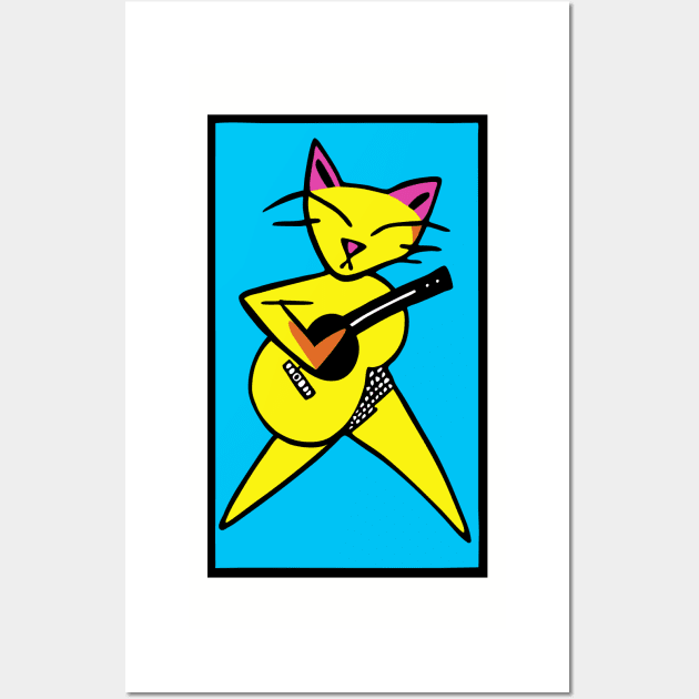 Yellow Cat Plays Guitar Wall Art by loeye